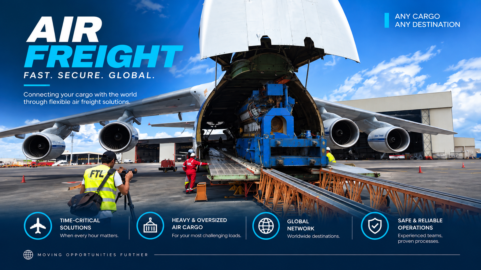 Heavy machinery loading through an open-nose cargo aircraft