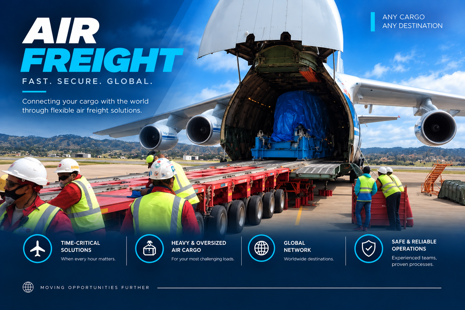 Oversized industrial cargo loading operation at a cargo aircraft