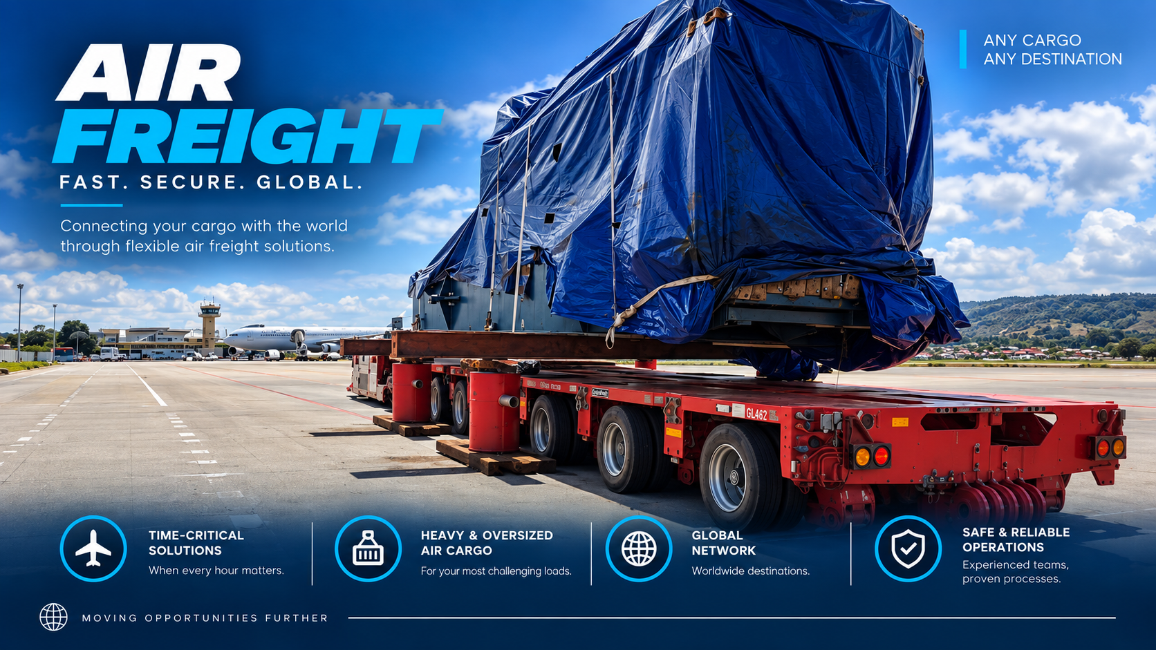 Oversized air freight cargo on a modular trailer