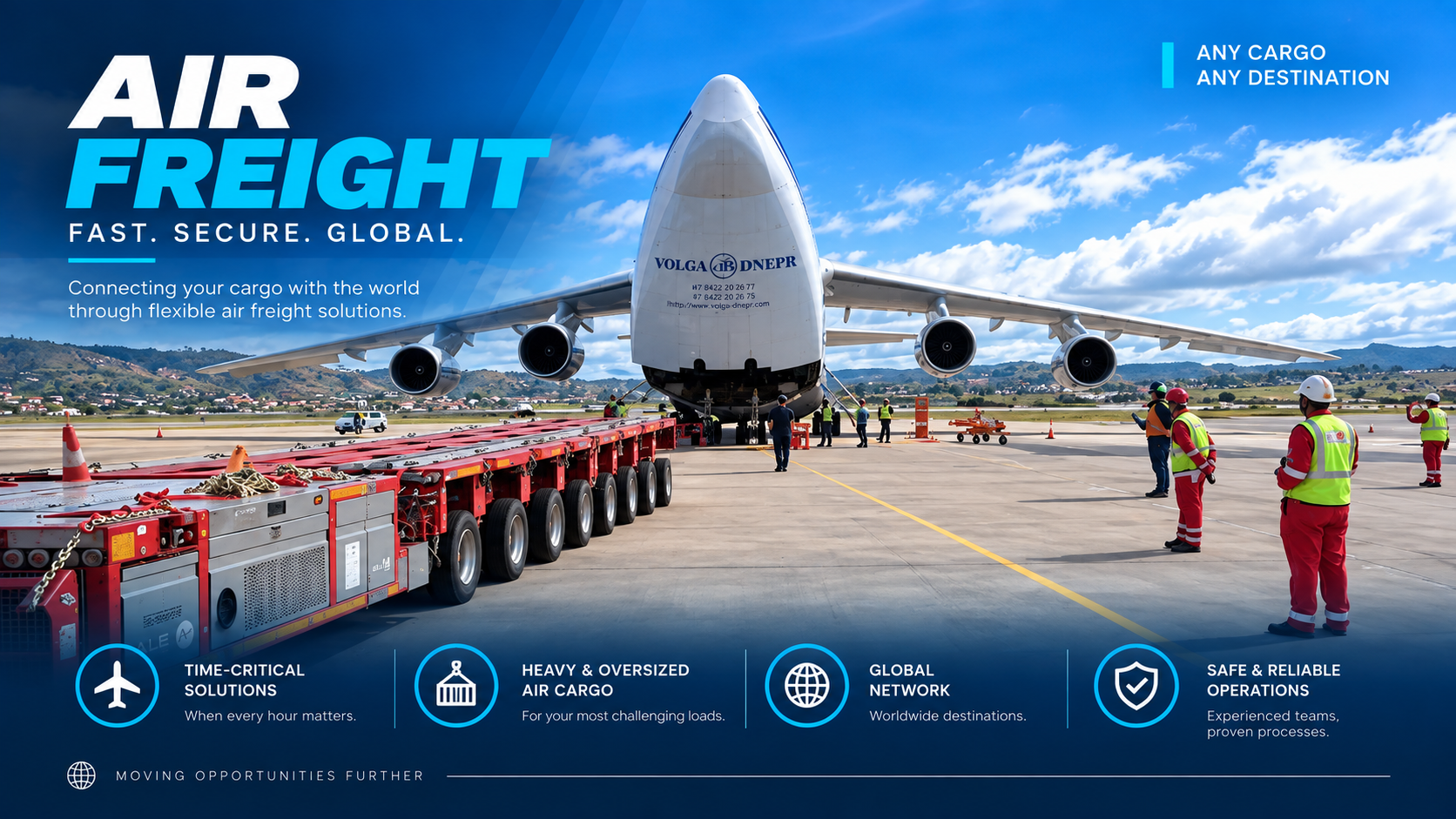 Cargo aircraft and modular trailer prepared for heavy air freight
