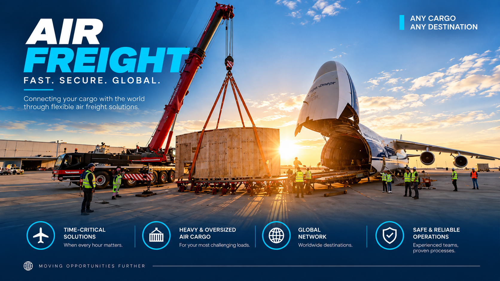 Crane lifting project cargo for air freight at sunset