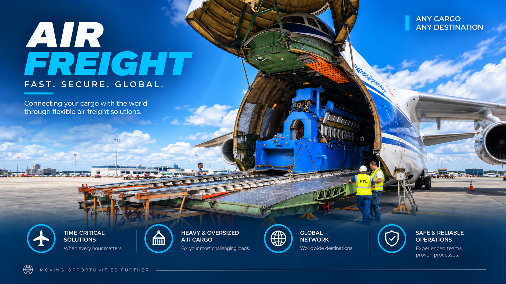 Open-nose cargo aircraft heavy machinery loading