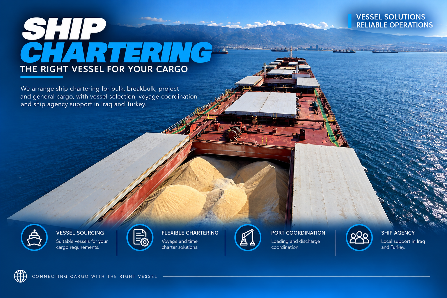 Bulk grain cargo in the open hold of a carrier at sea