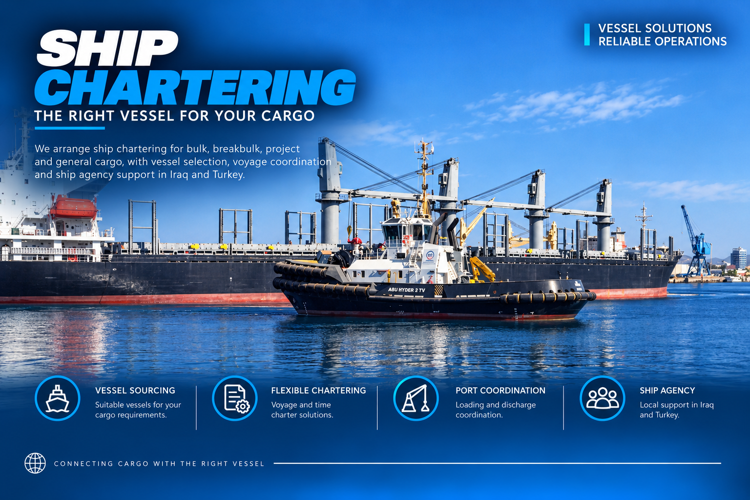 Tug assisting a bulk cargo vessel at port
