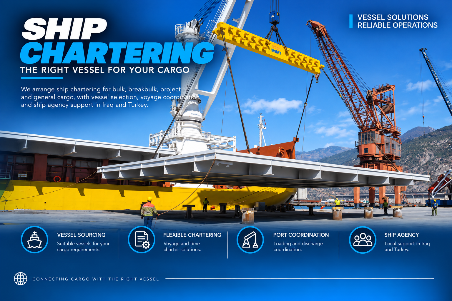 Ship crane handling a large steel platform at the quay