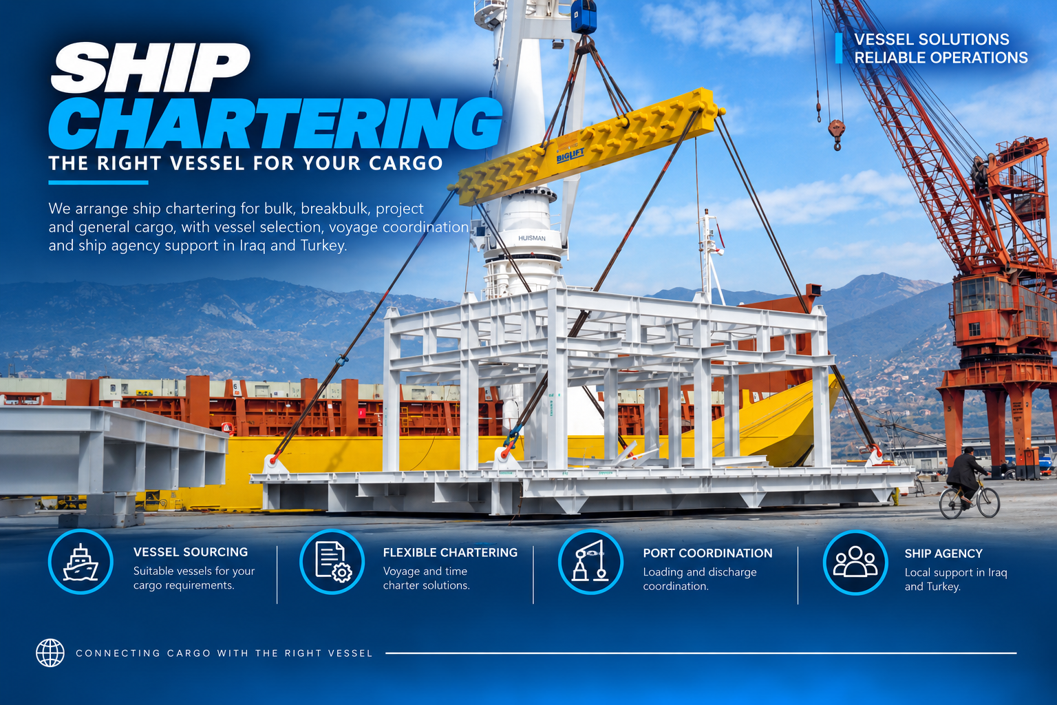 Heavy steel framework lifted beside a cargo vessel
