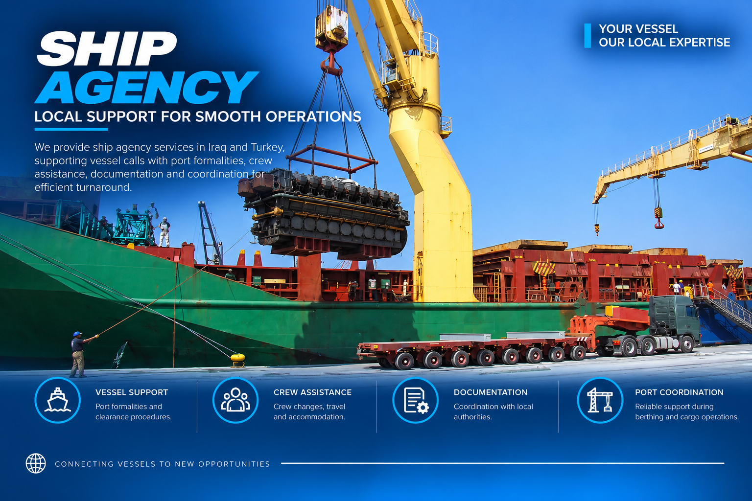 Ship crane transferring a heavy engine to a low-loader
