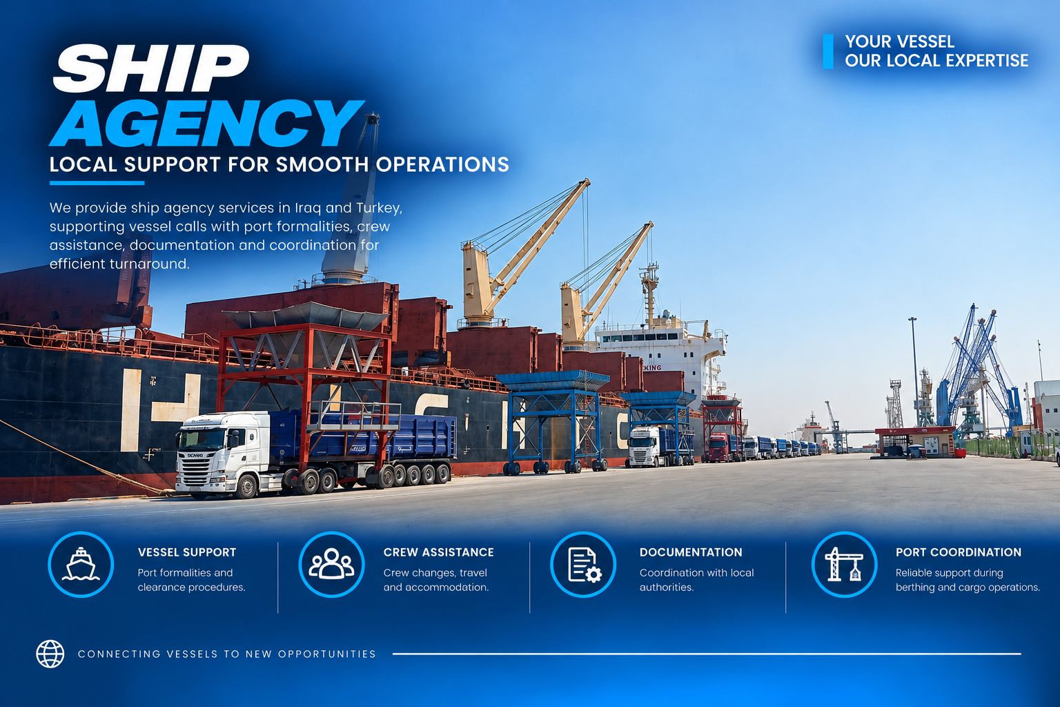 Trucks and cargo hoppers alongside a bulk carrier at port