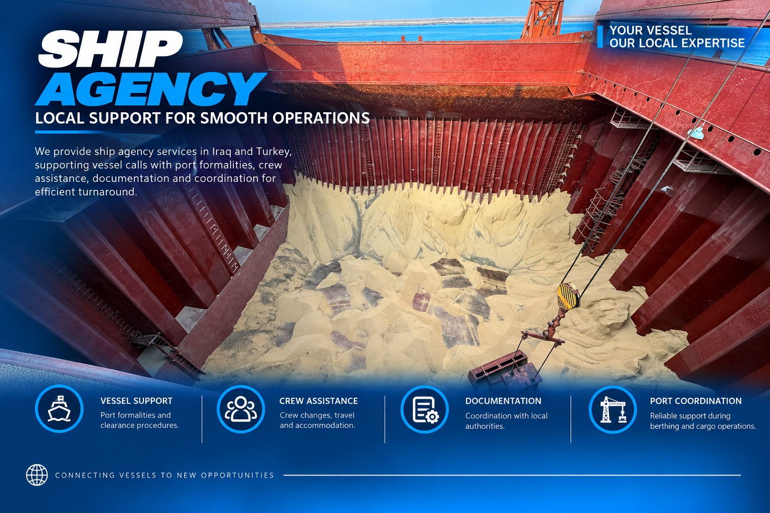 Grab crane unloading grain from a vessel hold