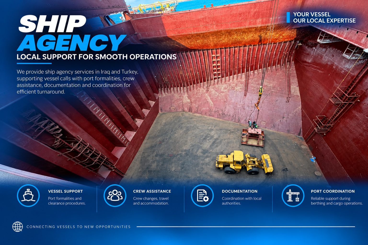 Wheel loader and grab handling bulk cargo inside a vessel hold