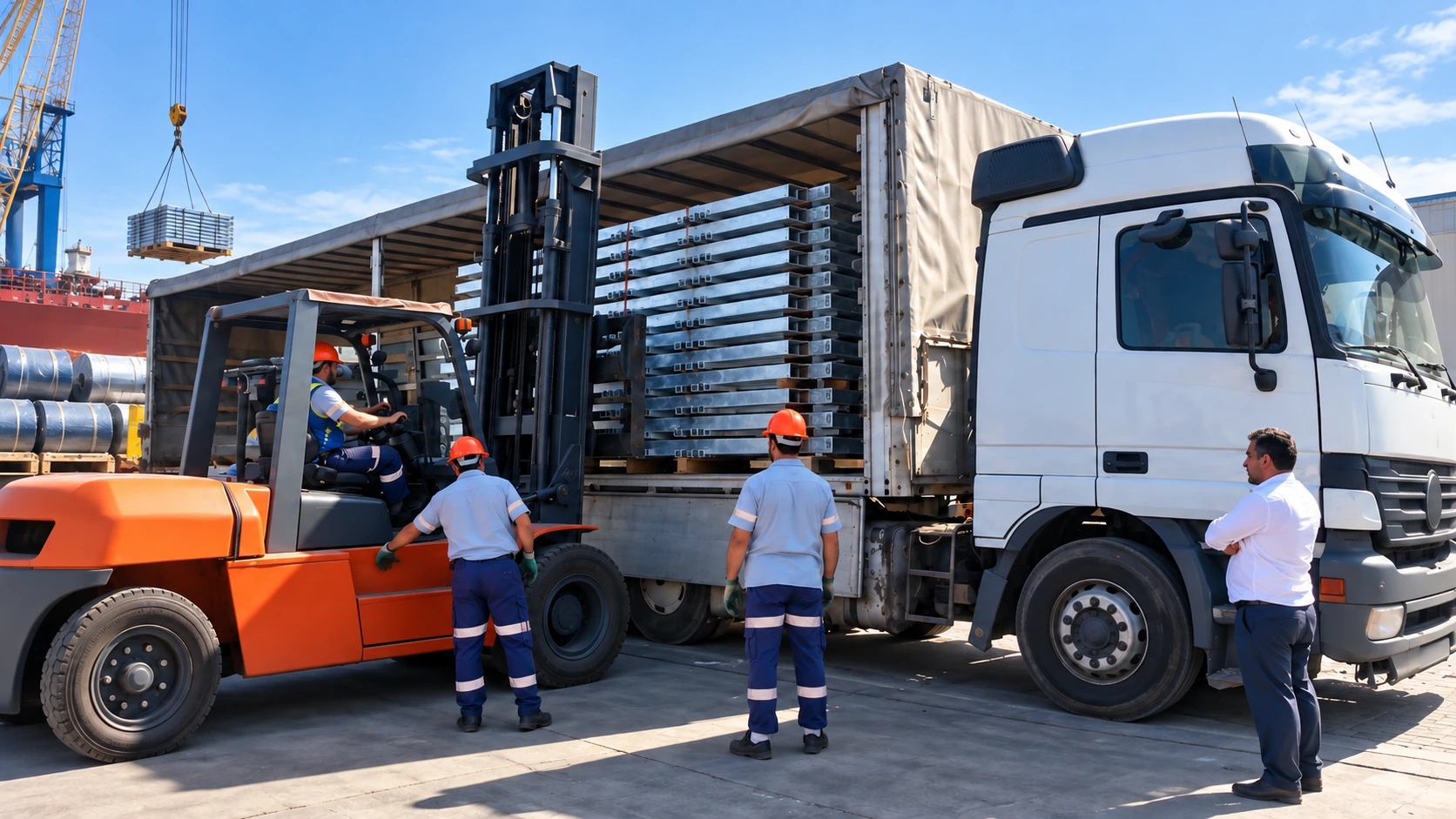 Orange forklift loading metal cargo onto a white truck