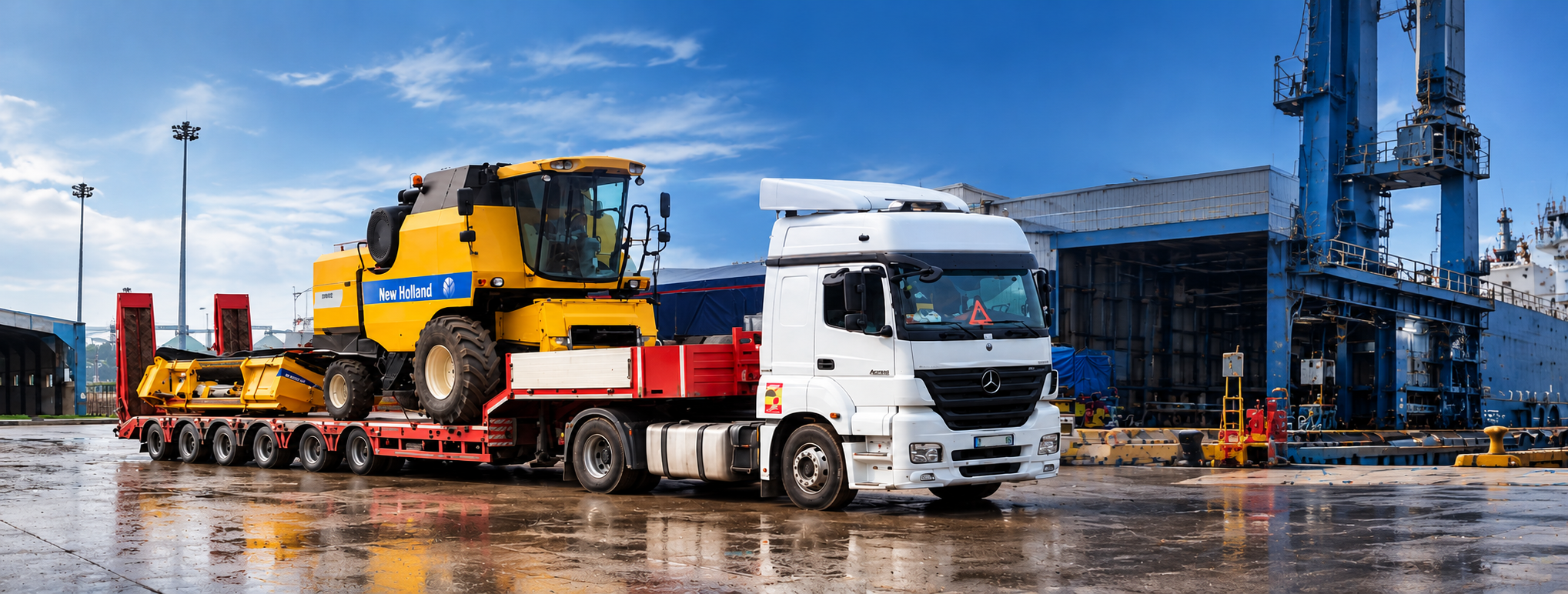 Heavy equipment transported by lowbed truck at port