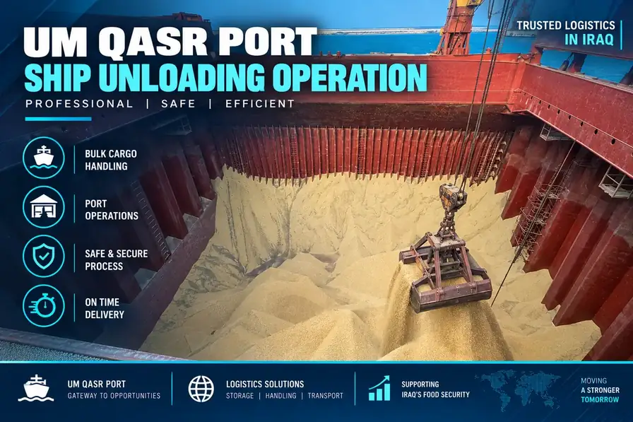 Umm Qasr Port bulk cargo ship unloading operation