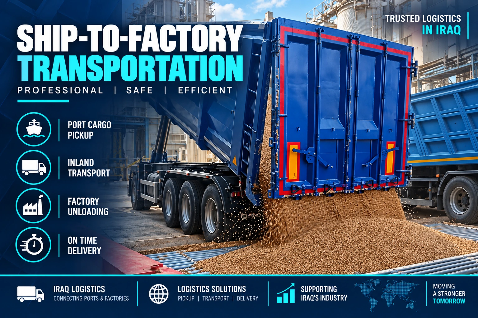 Ship-to-factory transportation and bulk cargo unloading in Iraq