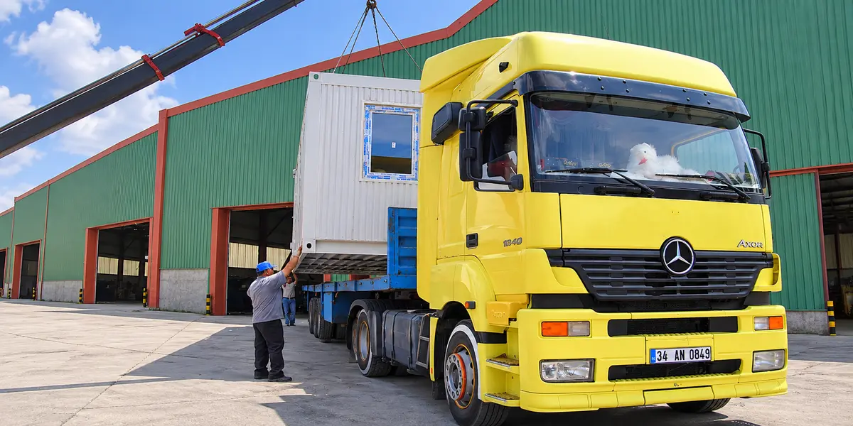 Yellow truck loading a white living container outside an industrial facility