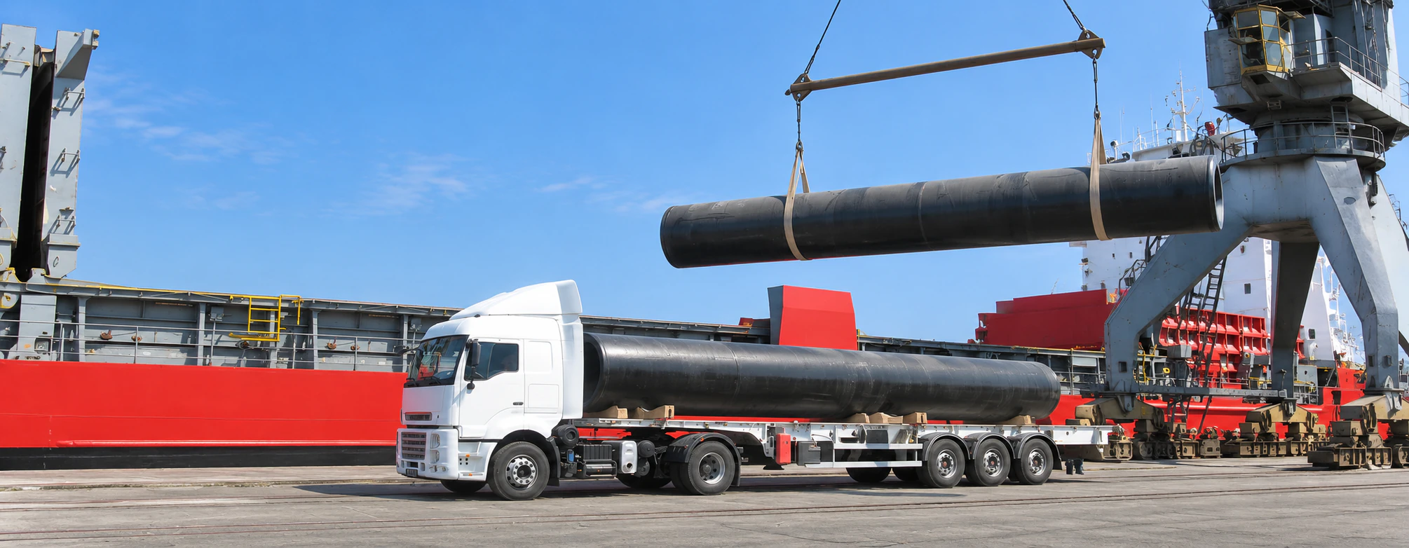 White truck transporting large pipes while a pipe is lifted at port