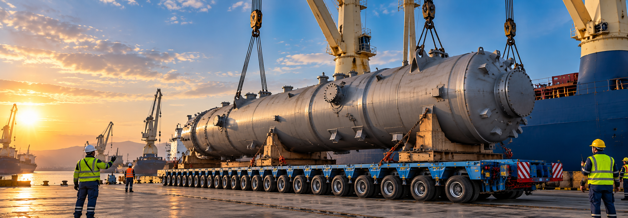Cylindrical project cargo on a multi-axle trailer during a port lifting operation