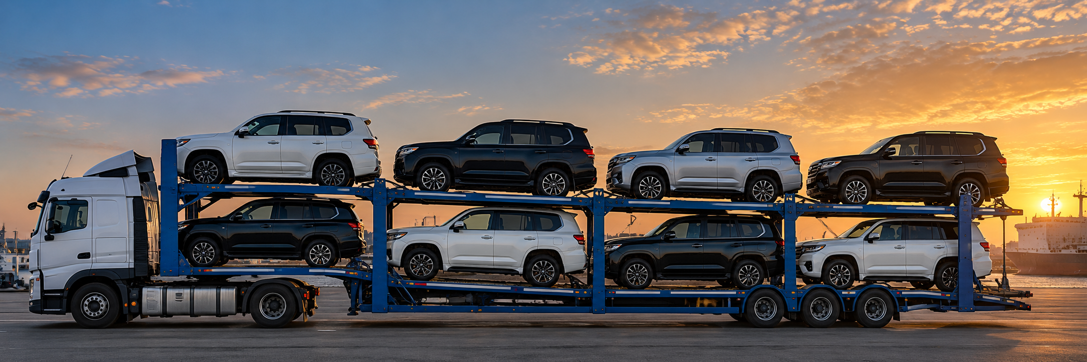 White car carrier transporting multiple SUVs