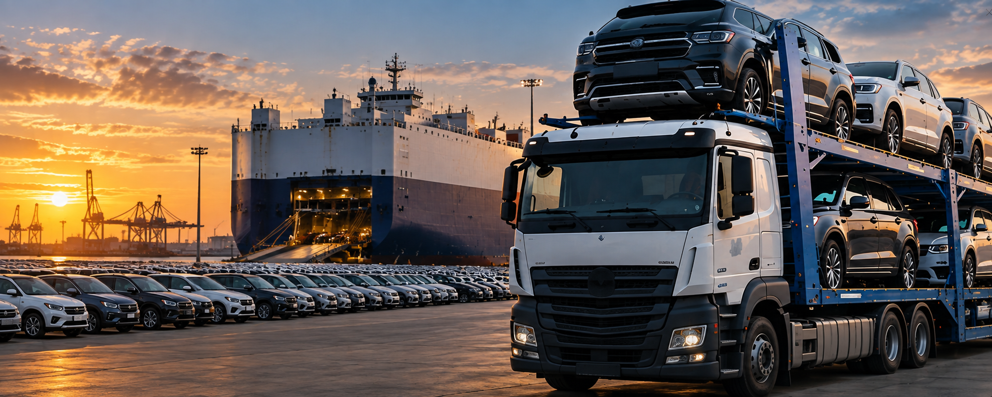 Car carrier beside a RoRo vessel at a vehicle port during sunset